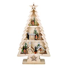 Solight LED dřevěný vánoční stromek s dekoracemi, 13x LED, přírodní dřevo, 53cm, 2x AA