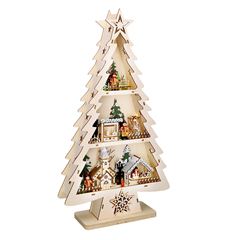 Solight LED dřevěný vánoční stromek s dekoracemi, 13x LED, přírodní dřevo, 53cm, 2x AA