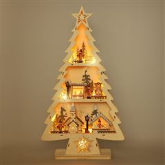 Solight LED dřevěný vánoční stromek s dekoracemi, 13x LED, přírodní dřevo, 53cm, 2x AA