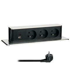 Solight 3z + USB A+C 20W PD výsuvný blok zásuvek, 2m, nerez ocel