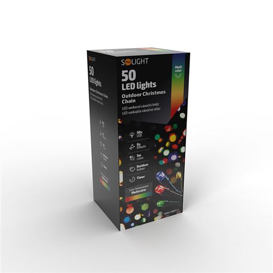 Solight LED venkovní vánoční řetěz, 50 LED, 5m, přívod 3m, 8 funkcí, časovač, IP44, vícebarevný