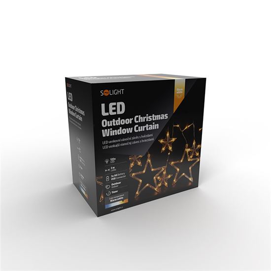 Solight LED venkovní vánoční závěs, hvězdy, šíře 3m, 123LED, IP44, 3xAA, teplá bílá