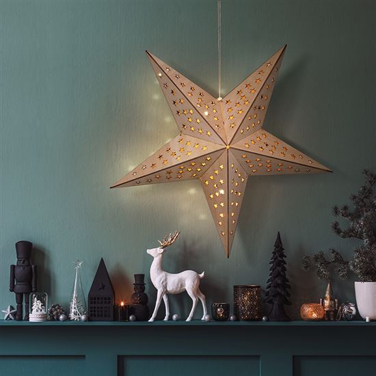 Solight LED dřevěná vánoční hvězda, závěsná, časovač, 20x LED, 65cm, 2x AA