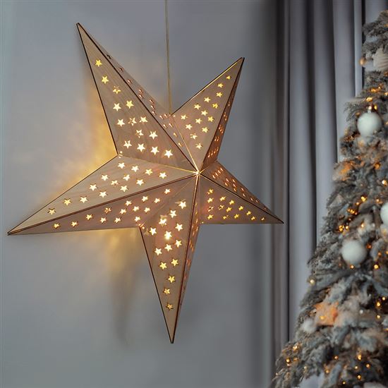 Solight LED dřevěná vánoční hvězda, závěsná, časovač, 20x LED, 65cm, 2x AA