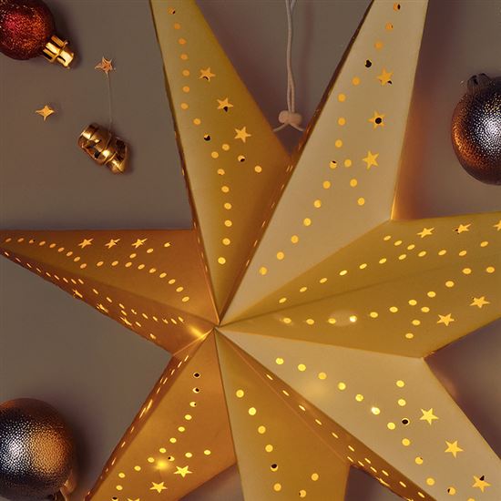 Solight LED vánoční hvězda zlatá, závěsná, časovač, 60cm, 20x LED, 2x AA