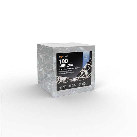 Solight vánoční řetěz stříbrný, 100x mini LED, 10m, 3 x AA, studené světlo