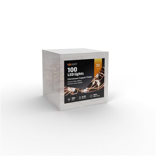 Solight vánoční řetěz měděný, 100x mini LED, 10m, 3 x AA, teplé světlo