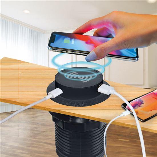 Solight bezdrátová 15W + USB A+C 20W PD výsuvná nabíječka, černá