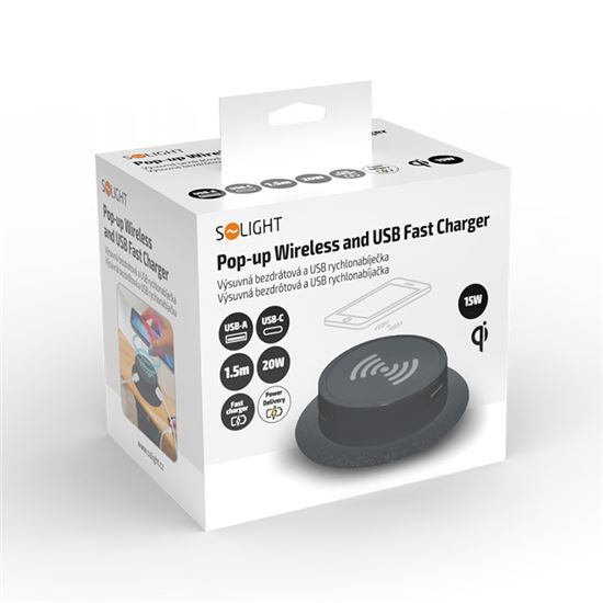 Solight bezdrátová 15W + USB A+C 20W PD výsuvná nabíječka, černá