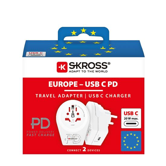 SKROSS cestovní adaptér Europe USB C20PD pro cizince v ČR, USB-C 20W, typ E/F