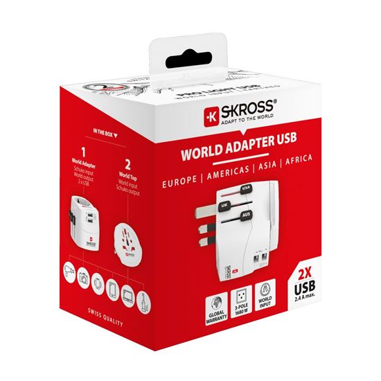 SKROSS cestovní adaptér PRO Light USB 2A - World, UK+USA+AUS/CN, univerzální, uzemněný, 2x USB-A 12W