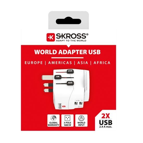 SKROSS cestovní adaptér PRO Light USB 2A - World, UK+USA+AUS/CN, univerzální, uzemněný, 2x USB-A 12W