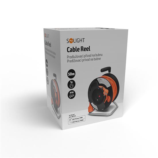 Solight prodlužovací přívod na bubnu, 1 zásuvka, 50m, oranžový kabel, 3x 1,5mm2