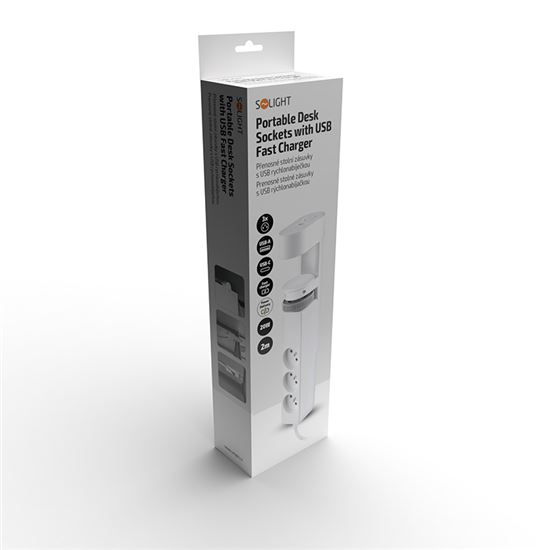 Solight 3z + USB A+C přenosné stolní zásuvky, 2m, bílá, USB rychlonabíječka 20W PD