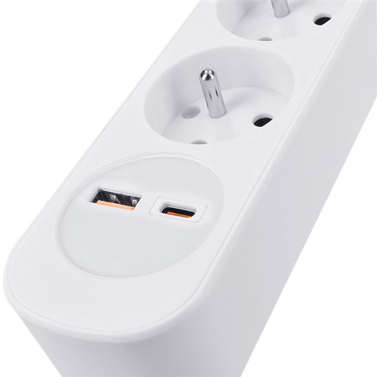 Solight prodlužovací přívod 3 zásuvky, USB A+C 20W PD, 2m, 3 x 1mm2, bílý, vypínač