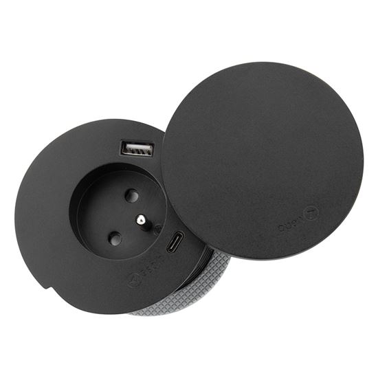 Solight vestavná zásuvka + USB A+C + Wireless 10W, otočné víčko, kabel 2m, černá
