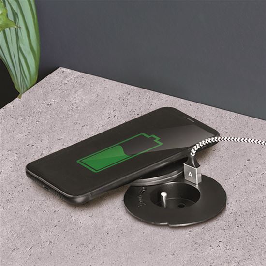 Solight vestavná zásuvka + USB A+C + Wireless 10W, otočné víčko, kabel 2m, černá