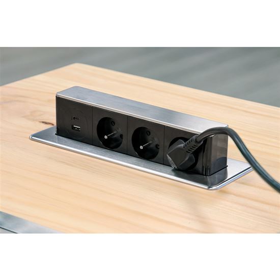 Solight 3z + USB A+C 20W PD výsuvný blok zásuvek, 2m, nerez ocel