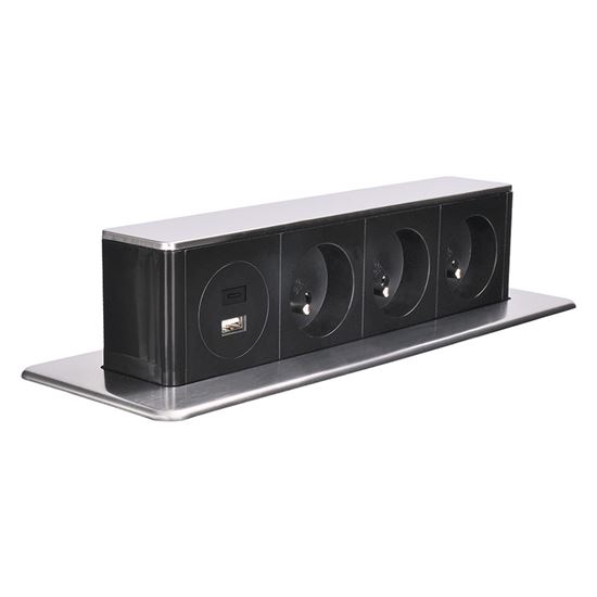 Solight 3z + USB A+C 20W PD výsuvný blok zásuvek, 2m, nerez ocel