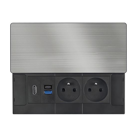 Solight vestavný blok zásuvek s posuvným krytem, 2 zásuvky, HDMI, USB A+C 20W PD, 2m, stříbrný