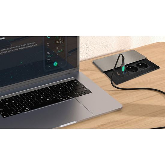 Solight vestavný blok zásuvek s posuvným krytem, 2 zásuvky, HDMI, USB A+C 20W PD, 2m, stříbrný