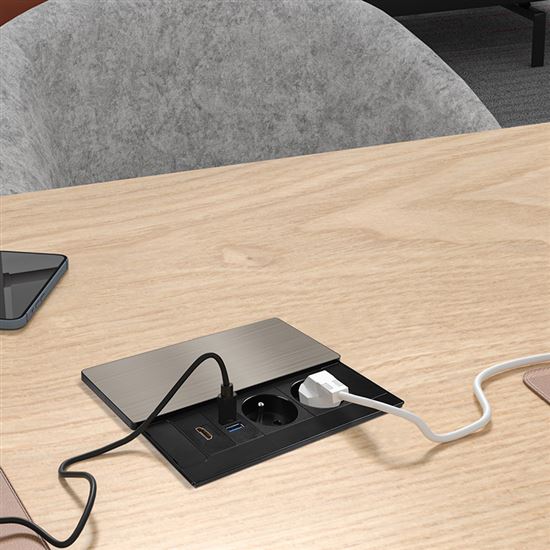 Solight vestavný blok zásuvek s posuvným krytem, 2 zásuvky, HDMI, USB A+C 20W PD, 2m, stříbrný
