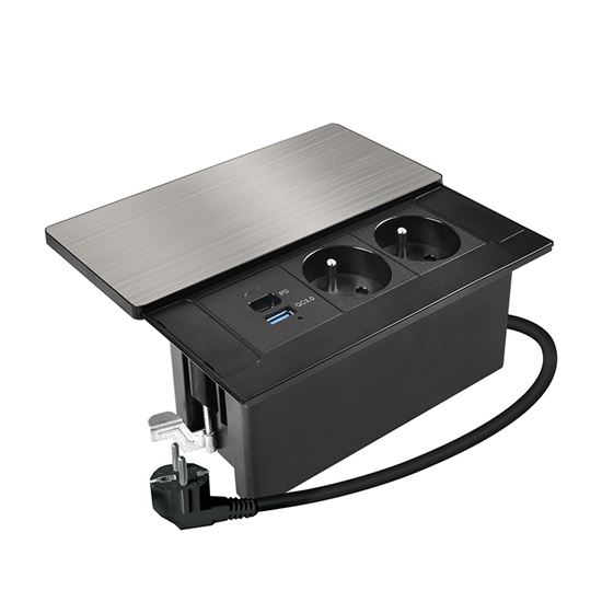 Solight vestavný blok zásuvek s posuvným krytem, 2 zásuvky, USB A+C 65W PD, 2m, stříbrný