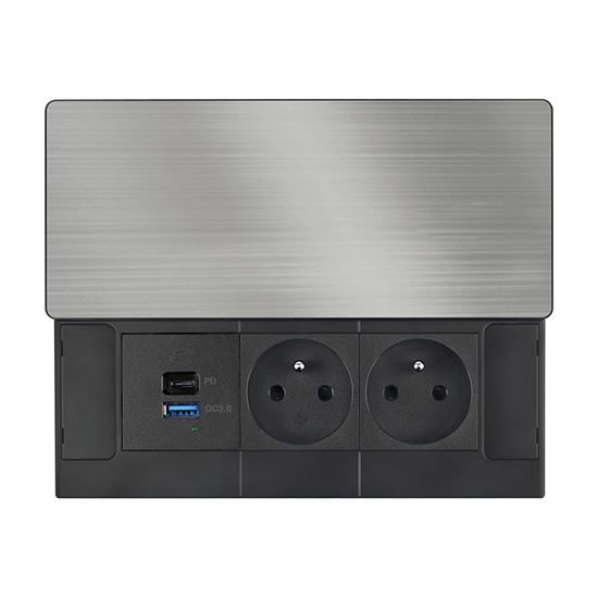 Solight vestavný blok zásuvek s posuvným krytem, 2 zásuvky, USB A+C 65W PD, 2m, stříbrný