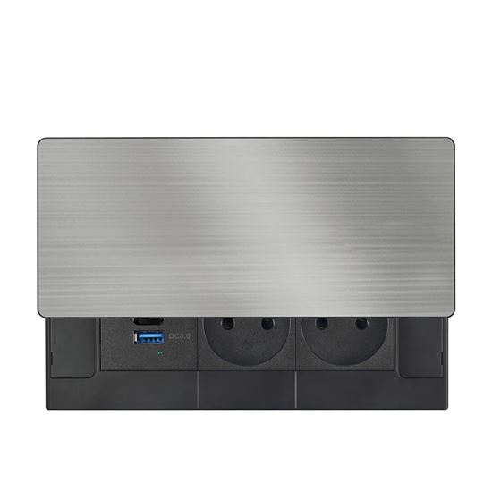 Solight vestavný blok zásuvek s posuvným krytem, 2 zásuvky, USB A+C 65W PD, 2m, stříbrný