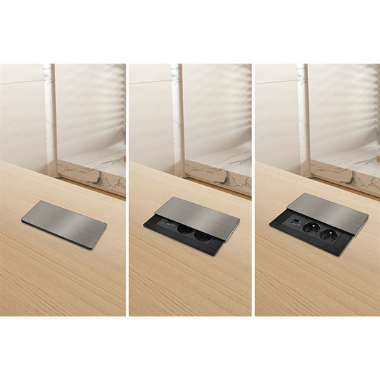 Solight vestavný blok zásuvek s posuvným krytem, 2 zásuvky, USB A+C 65W PD, 2m, stříbrný