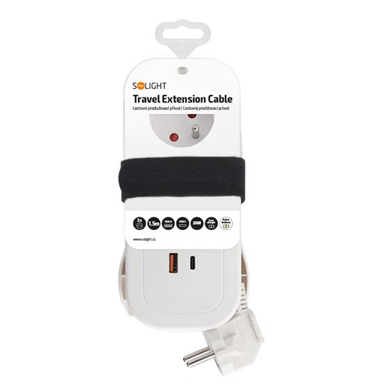 Solight 2z + USB A+C 20W PD, cestovní prodlužovací přívod 1.5m, bílý
