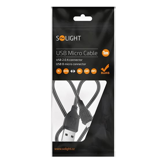 Solight USB kabel, USB 2.0 A konektor - USB B micro konektor, sáček, 1m