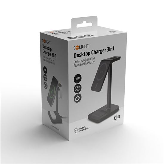Solight stolní nabíječka 3v1, Qi2, MagSafe kompatibilní