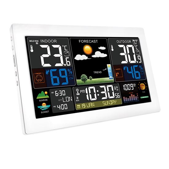 Solight meteostanice, extra velký barevný LCD, teplota, vlhkost, tlak, RCC, USB nabíjení, bílá