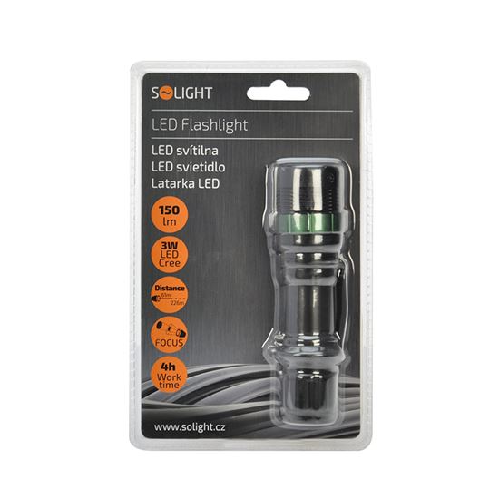 Solight LED kovová svítilna, 150lm, 3W CREE LED, černá, fokus, 3 x AAA