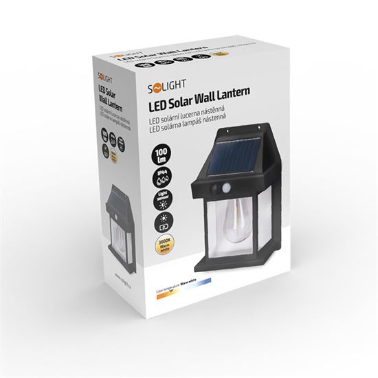 Solight LED solární lucerna nástěnná, teplá bílá, 12x17cm, černá