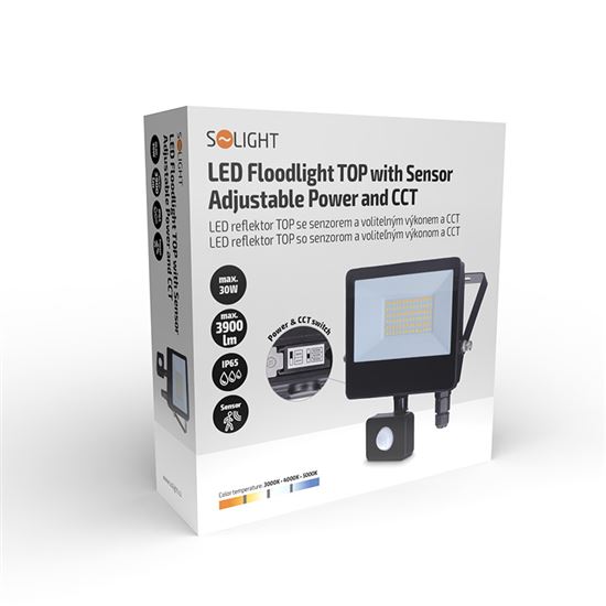 Solight LED reflektor se senzorem TOP, 30W, max. 3900lm, 3CCT, volitený výkon 100/66%, IP65, rychlospojka