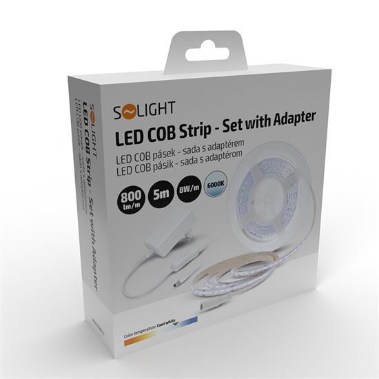 Solight LED COB pásek, sada s adaptérem, vypínač, 5m, 8W/m, 800lm/m, studená bílá
