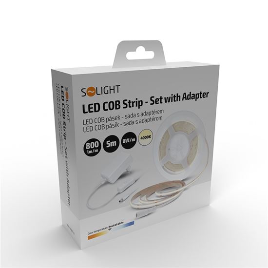 Solight LED COB pásek, sada s adaptérem, vypínač, 5m, 8W/m, 800lm/m, neutrální bílá
