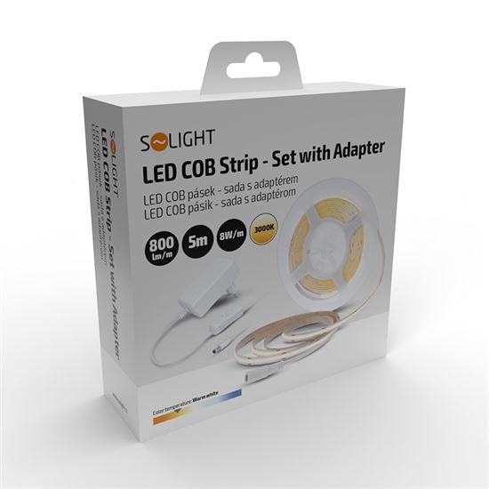 Solight LED COB pásek, sada s adaptérem, vypínač, 5m, 8W/m, 800lm/m, teplá bílá