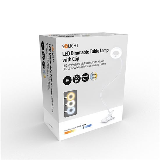 Solight LED stmívatelná stolní lampička s klipem bílá, 300lm, nastavitelná teplota světla, USB