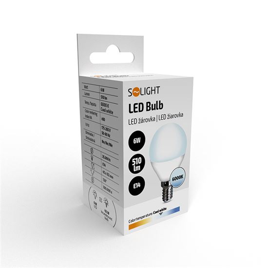 Solight LED žárovka, miniglobe, 6W, E14, 6000K, 510lm