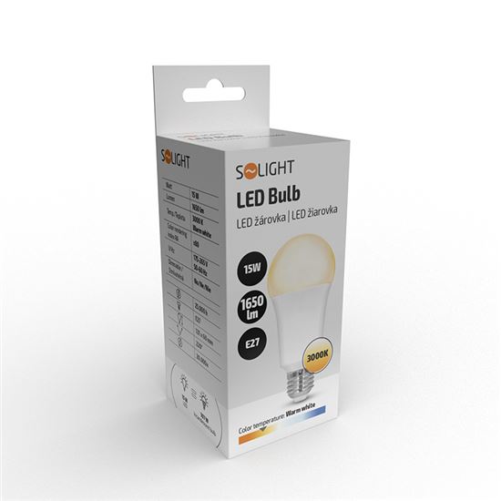 Solight LED žárovka, klasický tvar, 15W, E27, 3000K, 220°, 1650lm