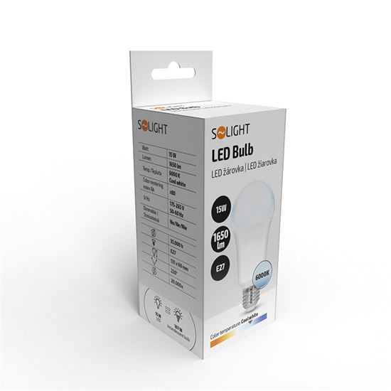 Solight LED žárovka, klasický tvar, 15W, E27, 6000K, 220°, 1650lm