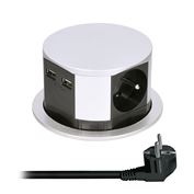 Solight výsuvný blok zásuvek, 3 zásuvky, 2x USB, kruhový tvar nízký,  prodlužovací přívod 2m, 3 x 1mm2, stříbrný