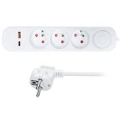 Solight prodlužovací přívod 3 zásuvky, USB A+C 20W PD, 3m, 3 x 1mm2, bílý, vypínač