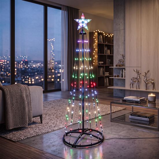 Solight smart vánoční stromek, 150 LED, 1,5m, IP44, RGB, dálkový ovladač + BT aplikace