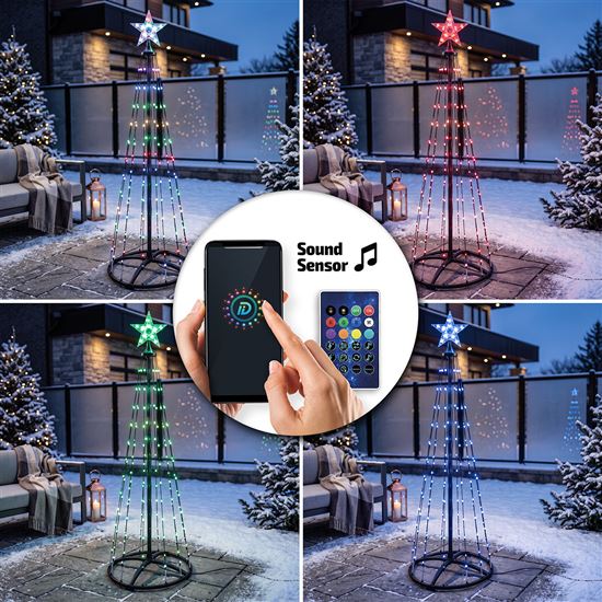 Solight smart vánoční stromek, 150 LED, 1,5m, IP44, RGB, dálkový ovladač + BT aplikace
