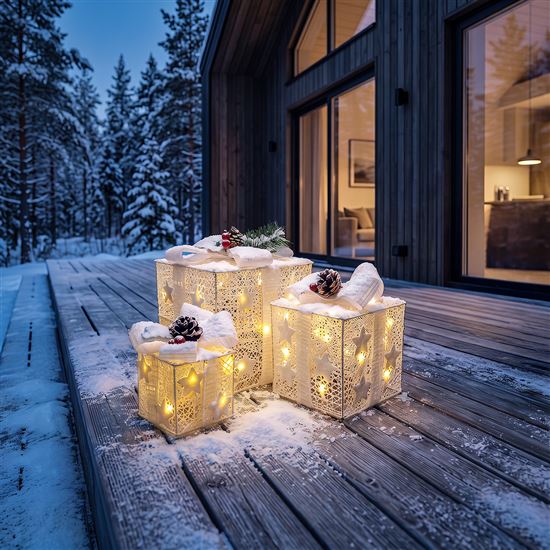 Solight sada 3 LED vánočních dárků, 48x LED, IP44, 230V, bílé provedení