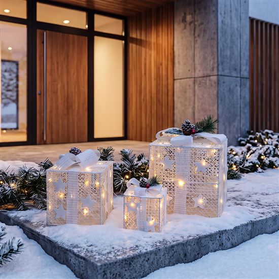 Solight sada 3 LED vánočních dárků, 48x LED, IP44, 230V, bílé provedení